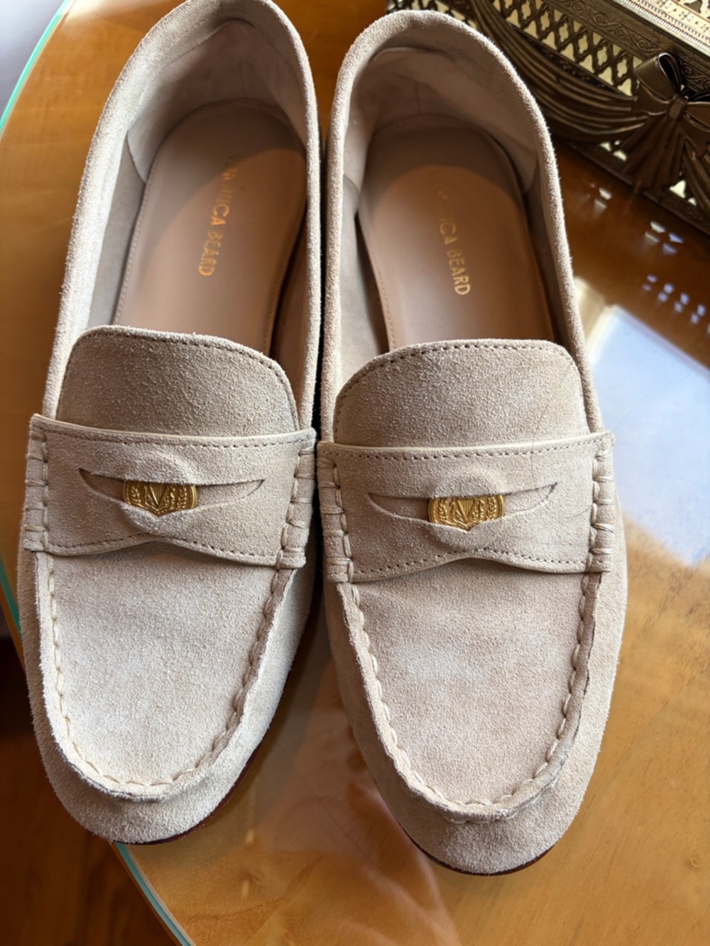 Veronica Beard Taupe Suede Penny Loafers with Gold Emblem